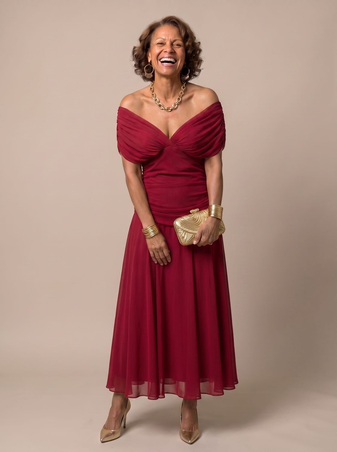 Layla | Women's Flowy Midi Dress Off-Shoulder Draped Floral Chiffon