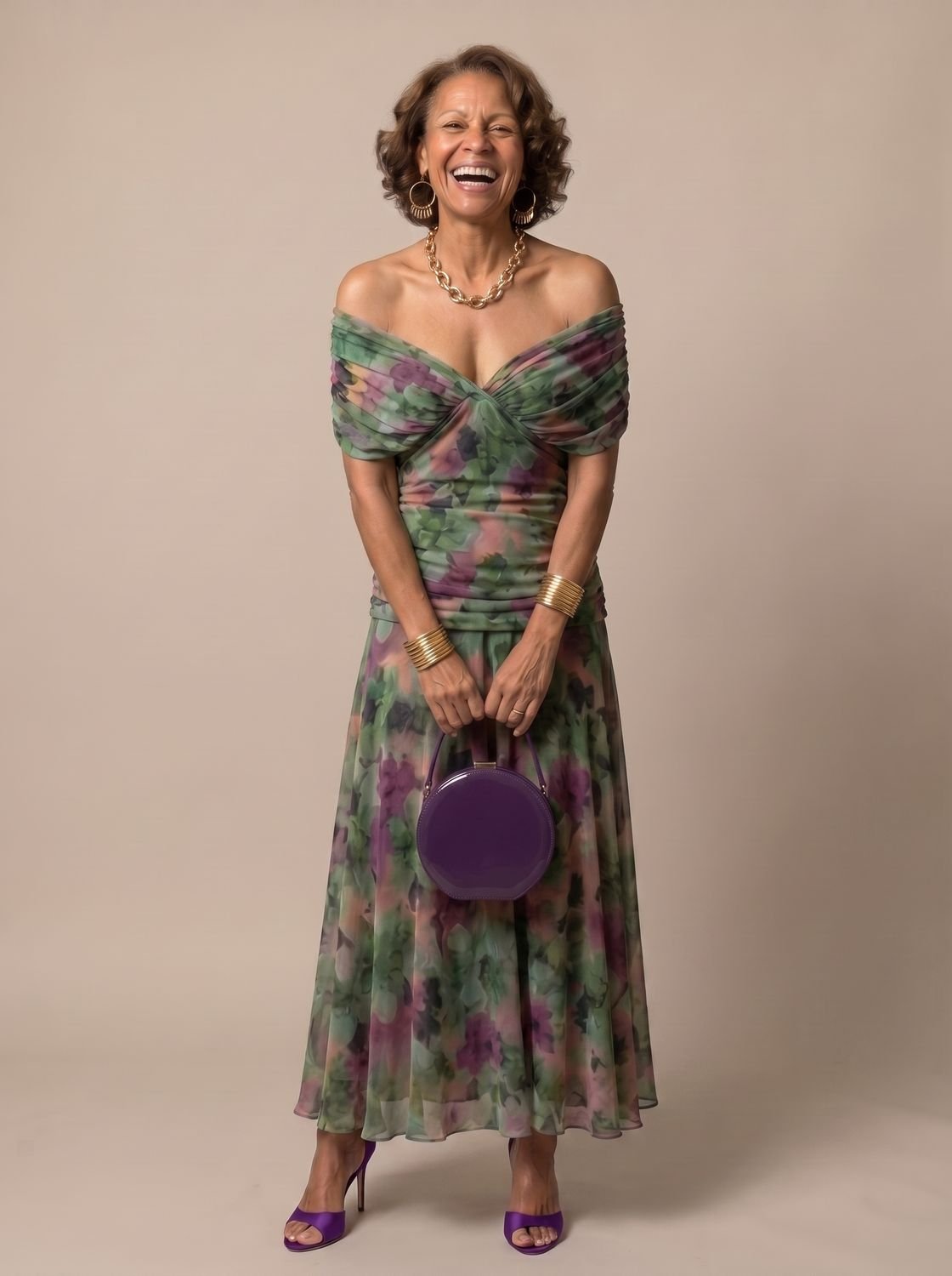 Layla | Women's Flowy Midi Dress Off-Shoulder Draped Floral Chiffon