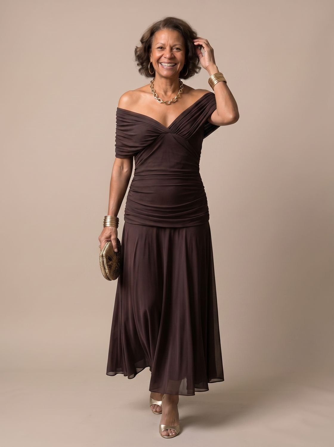 Layla | Women's Flowy Midi Dress Off-Shoulder Draped Floral Chiffon