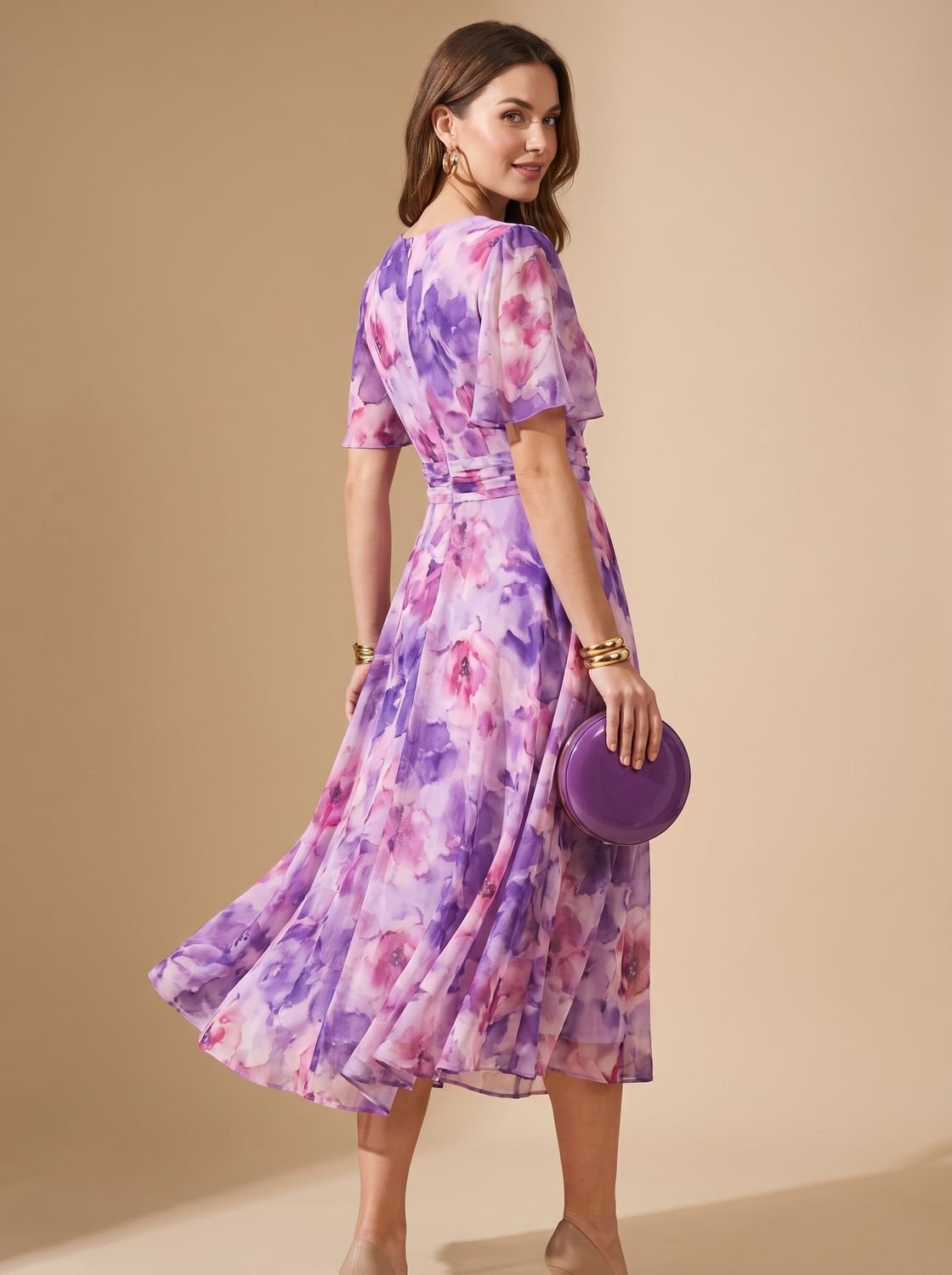 Layla | Women's Flowy Midi Dress Off-Shoulder Draped Floral Chiffon