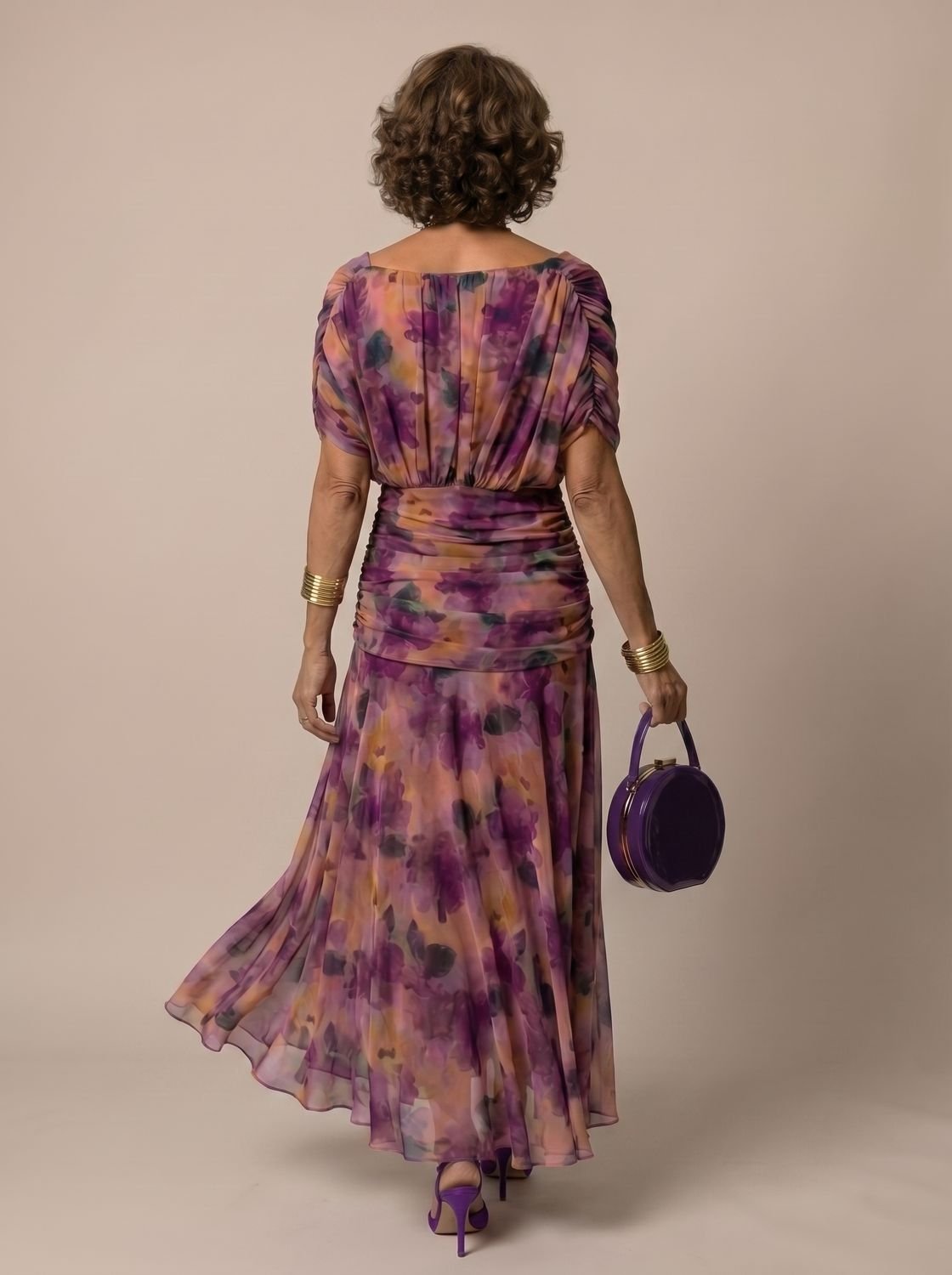 Layla | Women's Flowy Midi Dress Off-Shoulder Draped Floral Chiffon