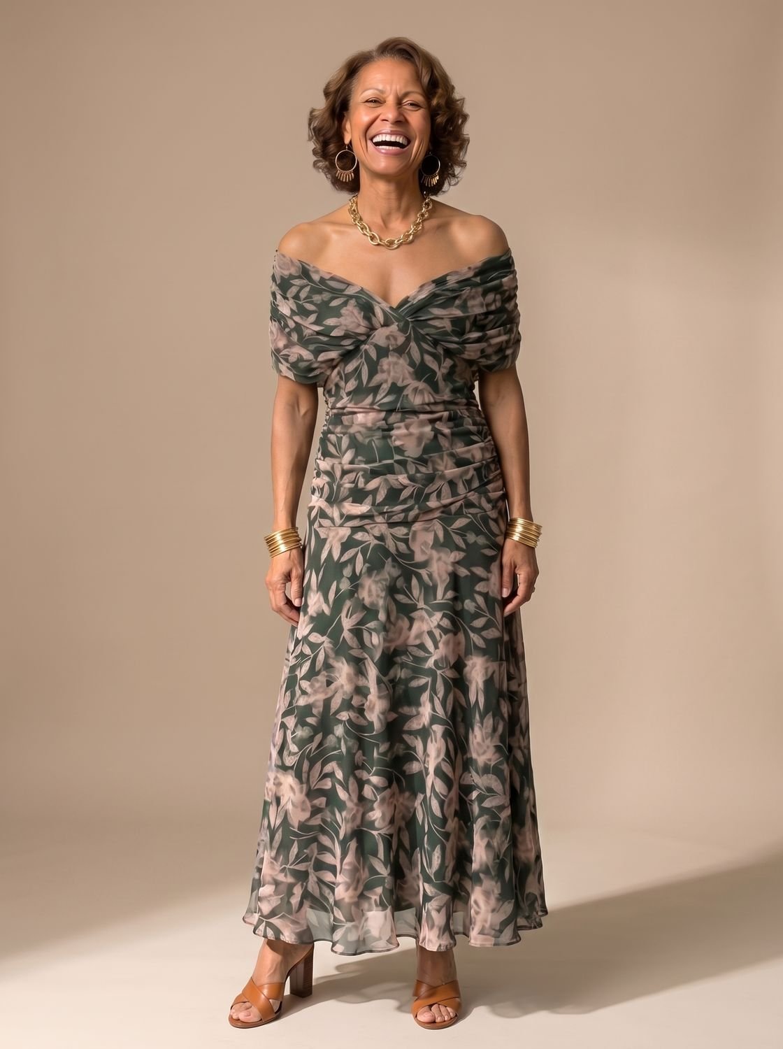 Layla | Women's Flowy Midi Dress Off-Shoulder Draped Floral Chiffon