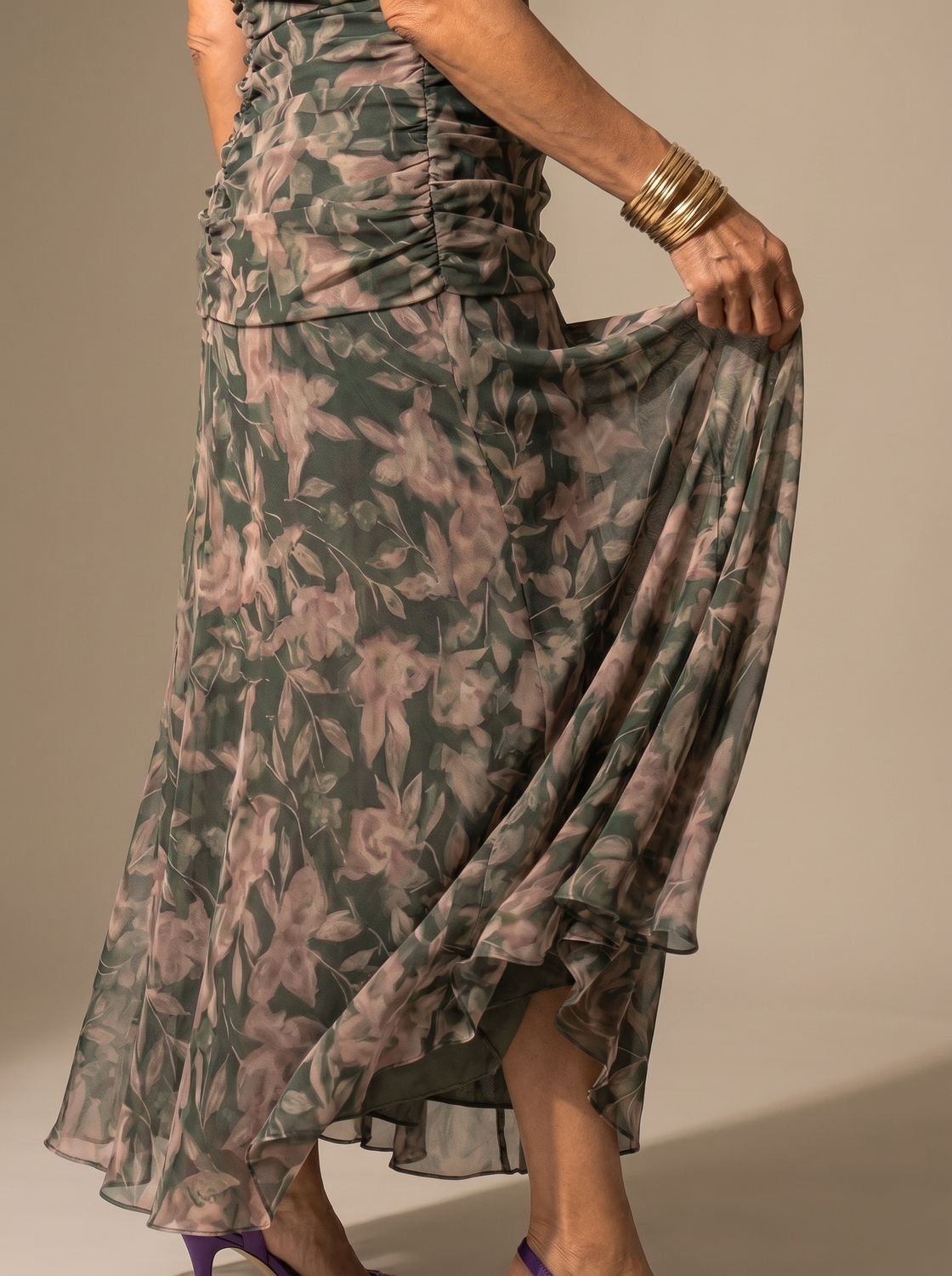 Layla | Women's Flowy Midi Dress Off-Shoulder Draped Floral Chiffon