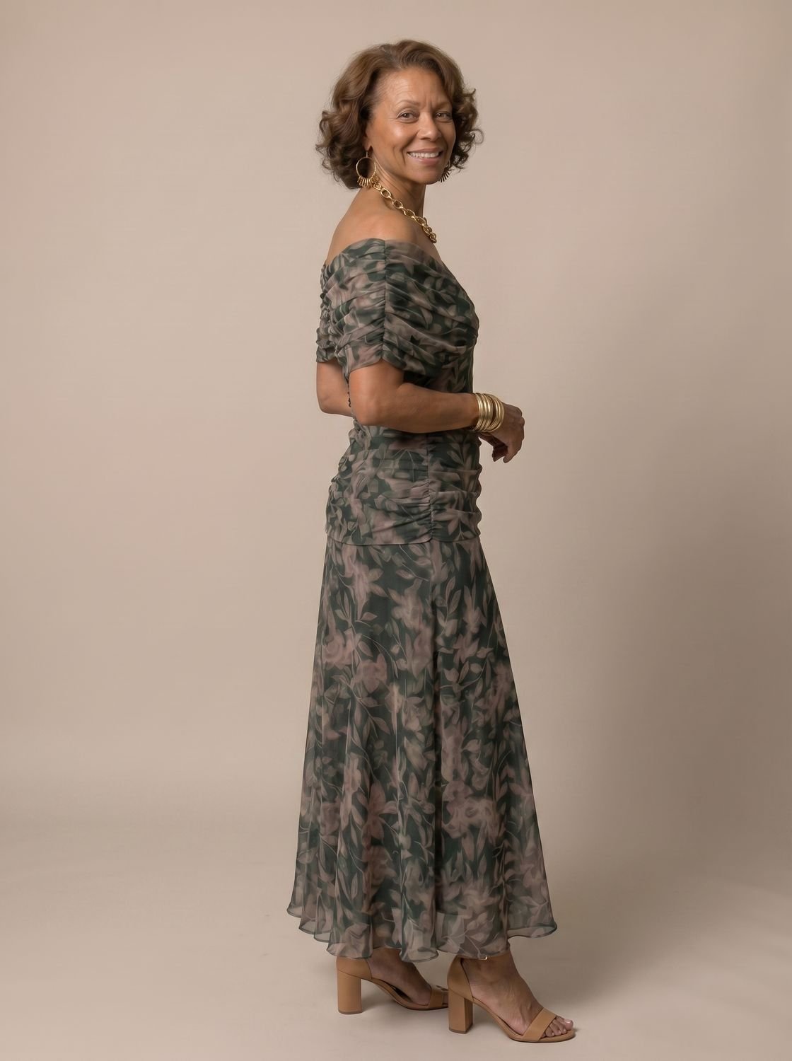 Layla | Women's Flowy Midi Dress Off-Shoulder Draped Floral Chiffon