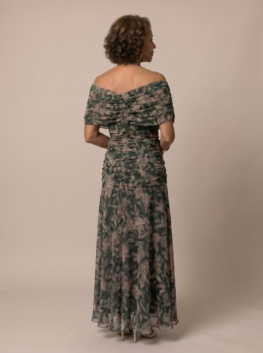 Layla | Women's Flowy Midi Dress Off-Shoulder Draped Floral Chiffon