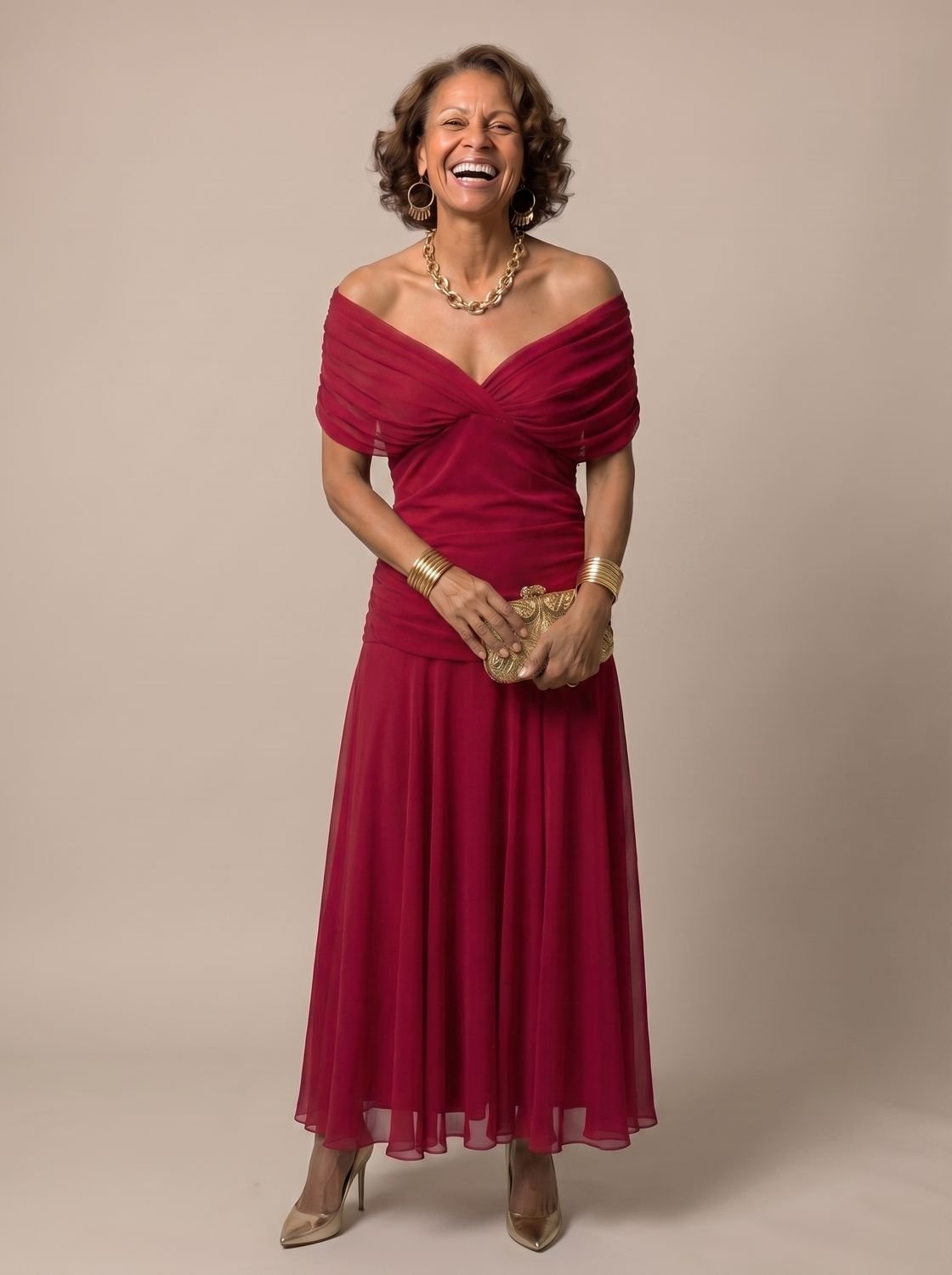 Layla | Women's Flowy Midi Dress Off-Shoulder Draped Floral Chiffon