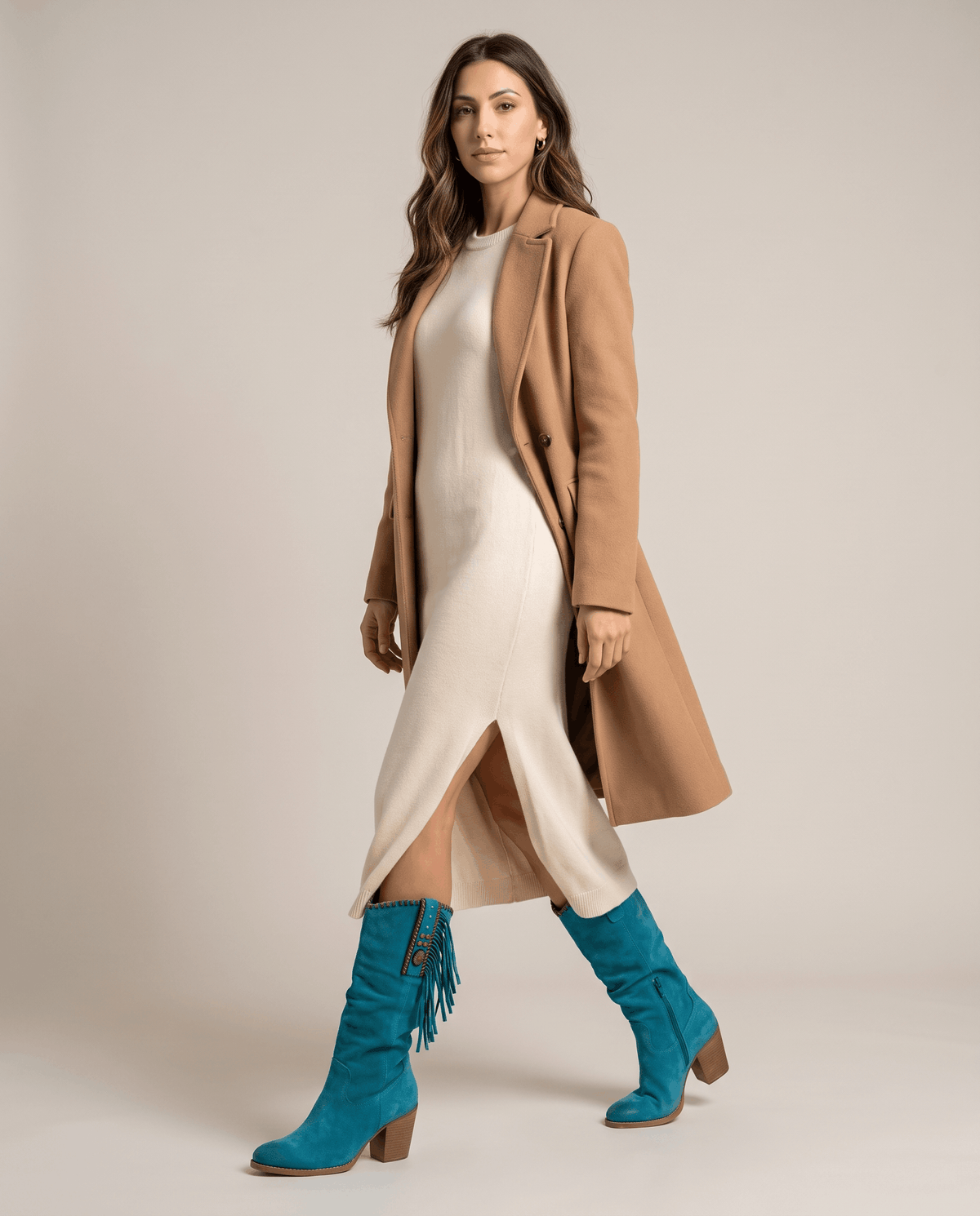 Fringe Cowboy Boots – Slouchy Mid-Calf, Suede-Look, Concho Strap & Stacked Heel | Annie