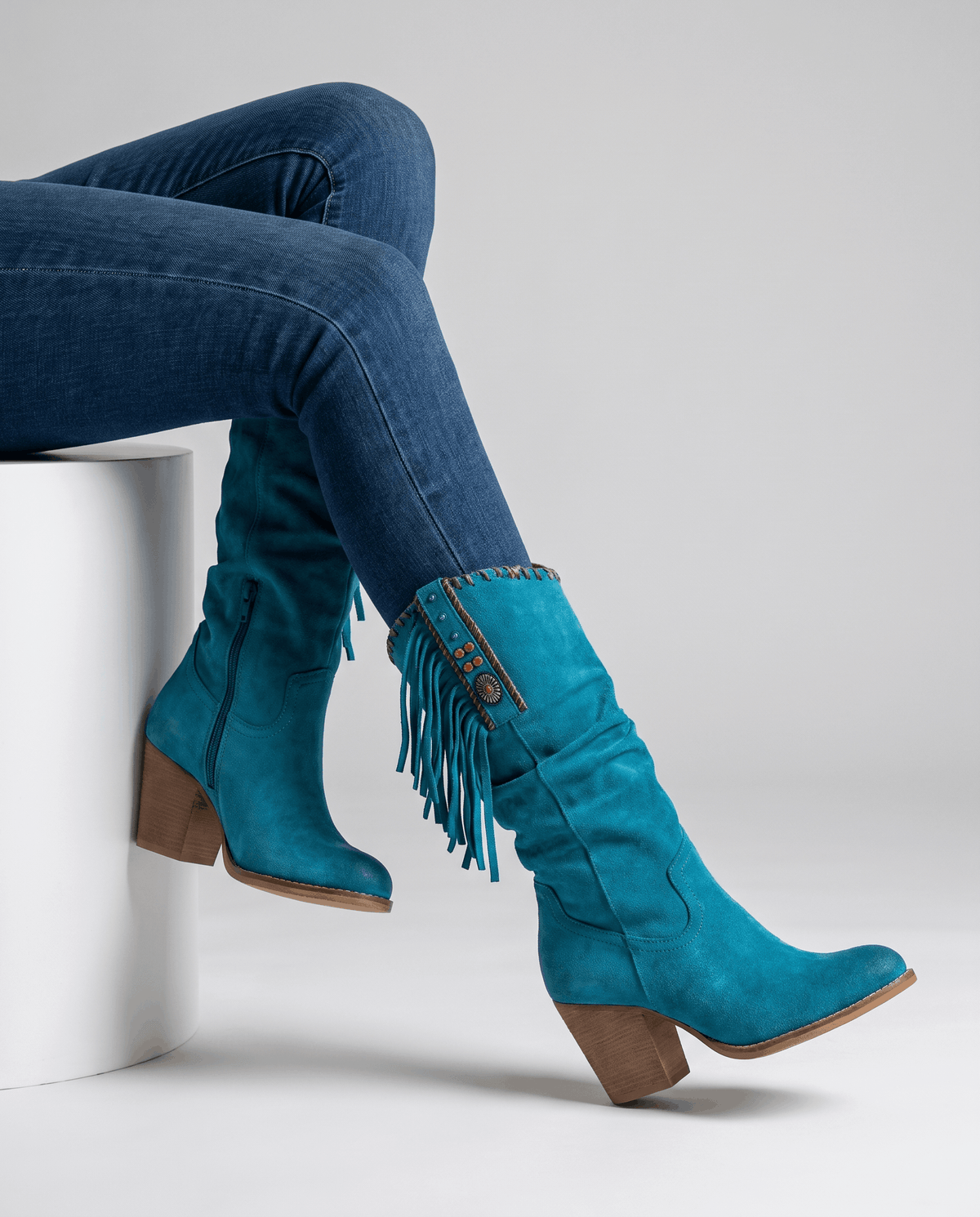 Fringe Cowboy Boots – Slouchy Mid-Calf, Suede-Look, Concho Strap & Stacked Heel | Annie