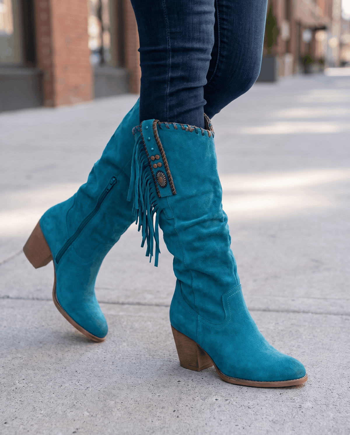 Fringe Cowboy Boots – Slouchy Mid-Calf, Suede-Look, Concho Strap & Stacked Heel | Annie