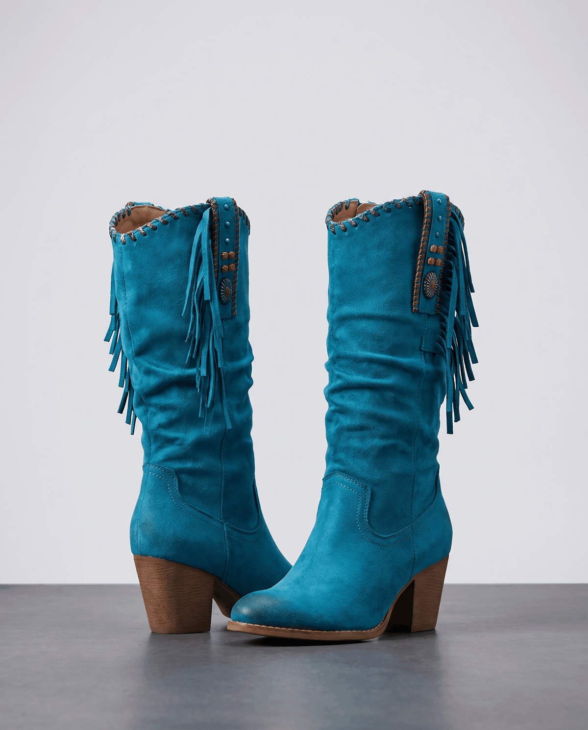 Fringe Cowboy Boots – Slouchy Mid-Calf, Suede-Look, Concho Strap & Stacked Heel | Annie