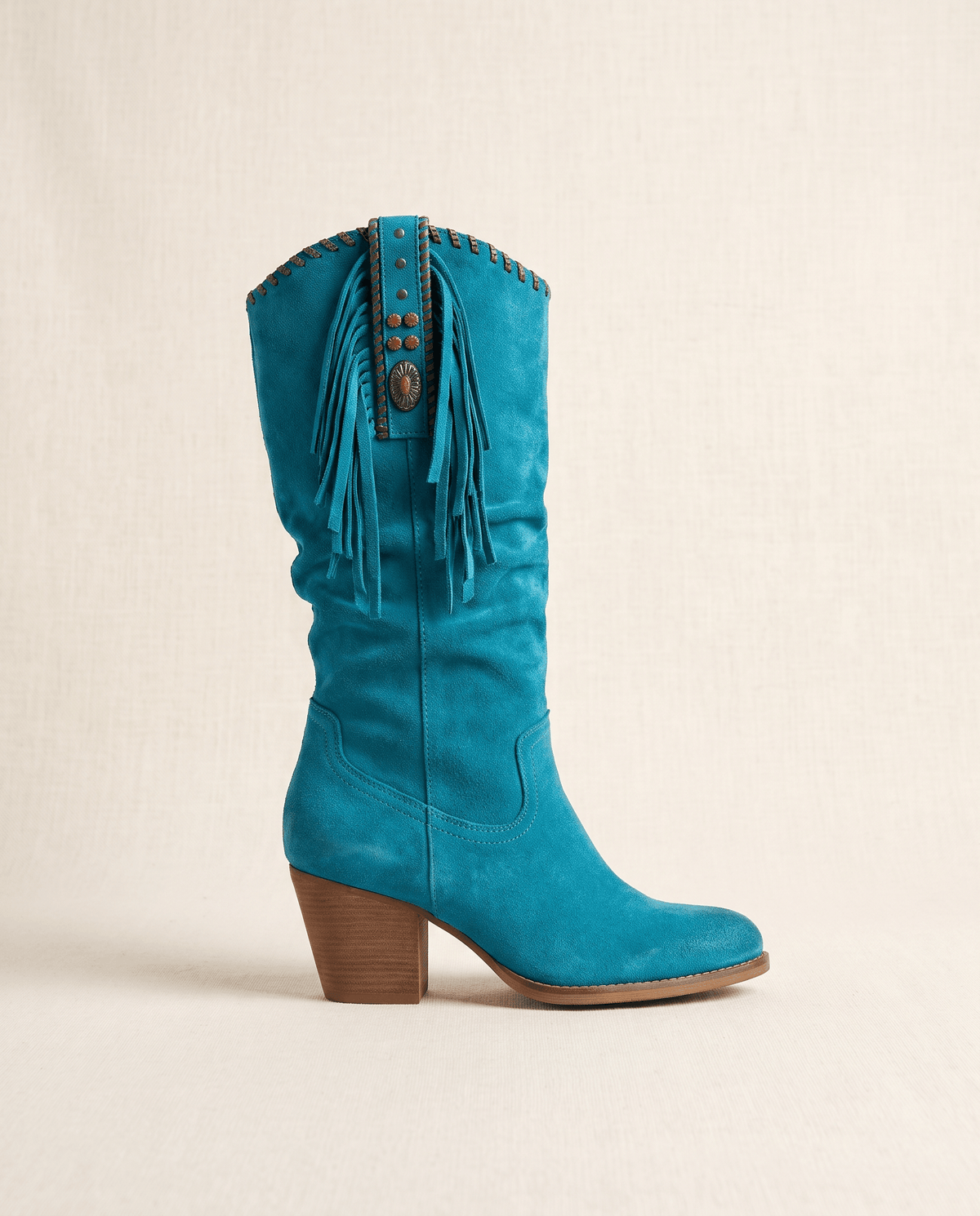 Fringe Cowboy Boots – Slouchy Mid-Calf, Suede-Look, Concho Strap & Stacked Heel | Annie