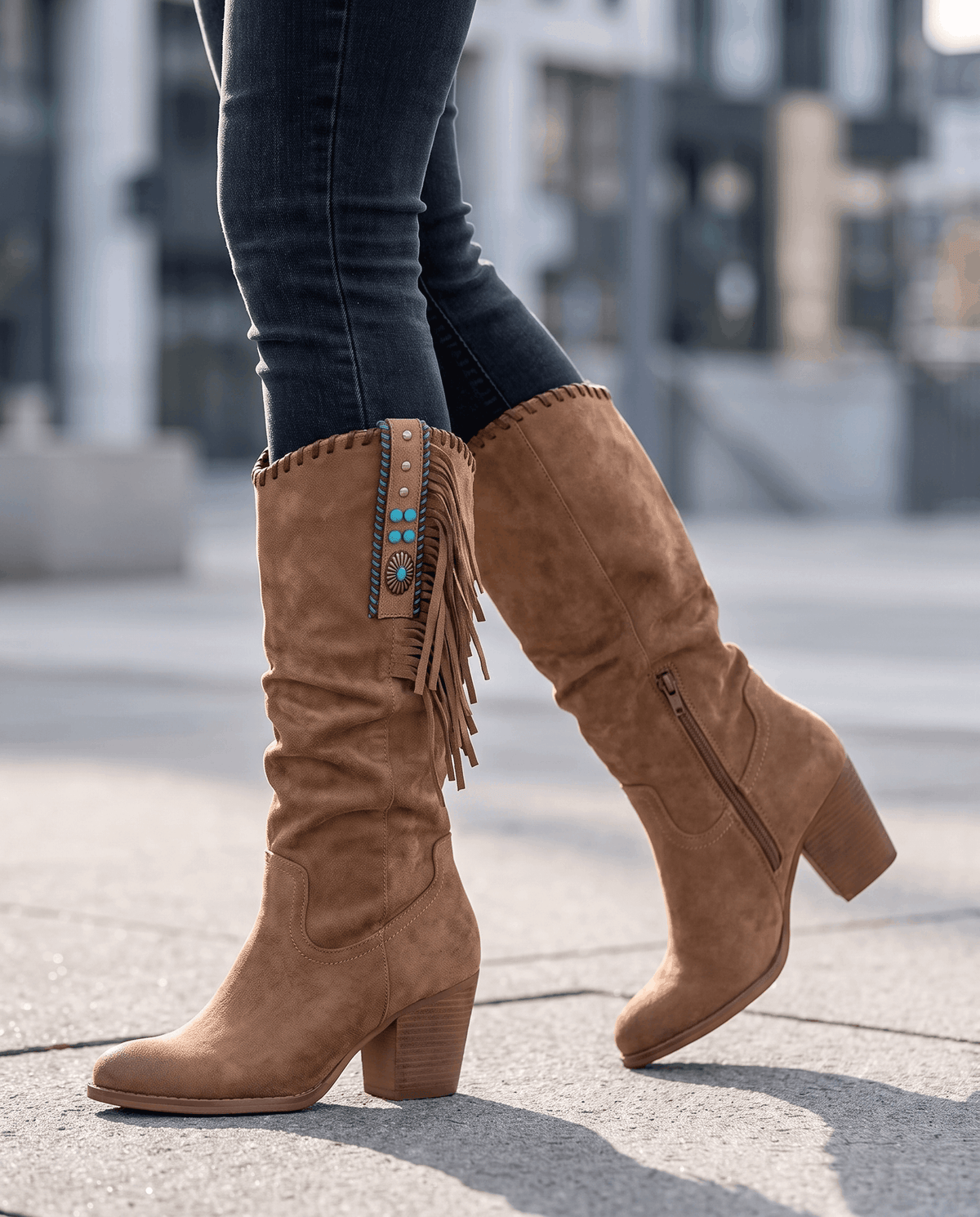 Fringe Cowboy Boots – Slouchy Mid-Calf, Suede-Look, Concho Strap & Stacked Heel | Annie