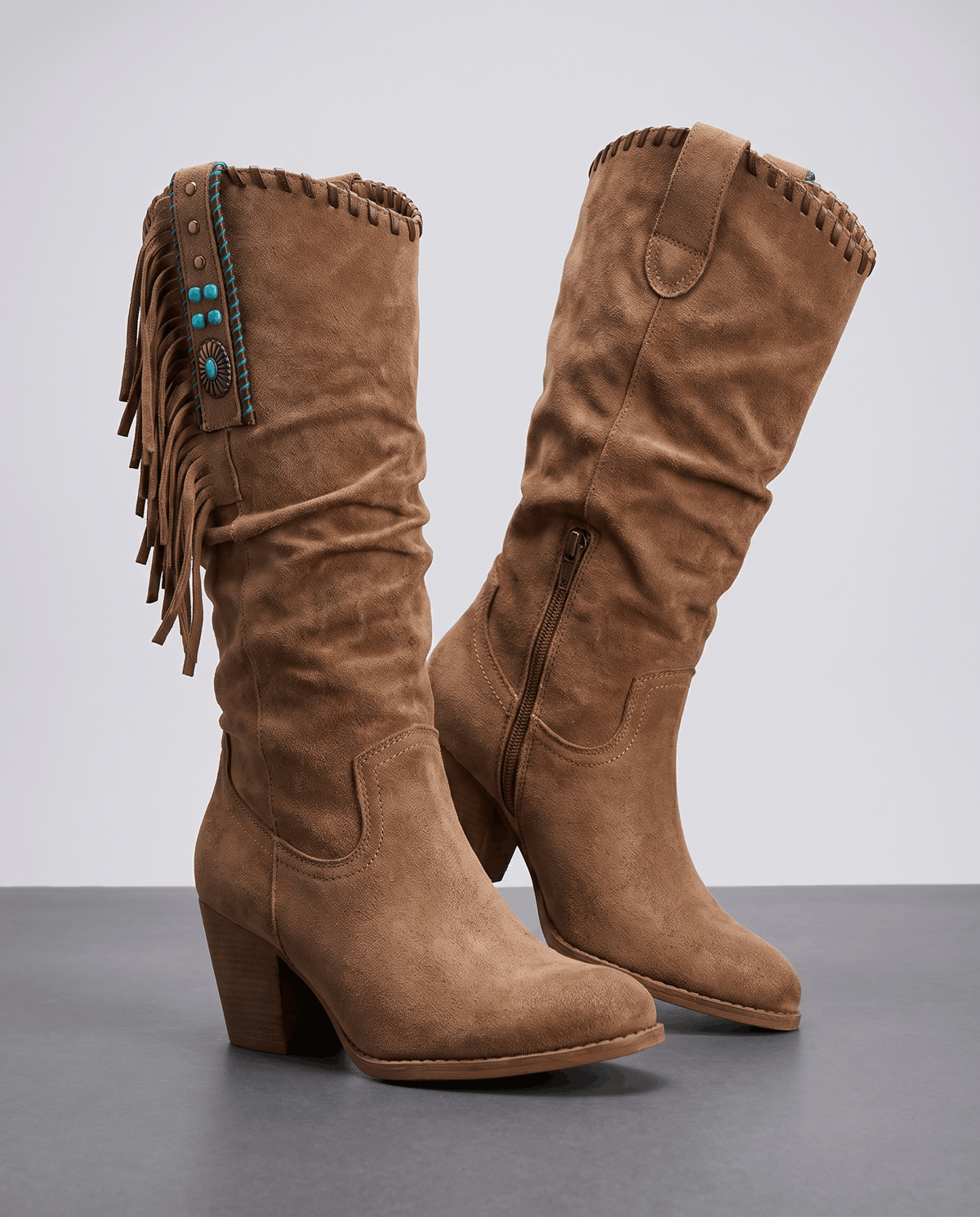 Fringe Cowboy Boots – Slouchy Mid-Calf, Suede-Look, Concho Strap & Stacked Heel | Annie
