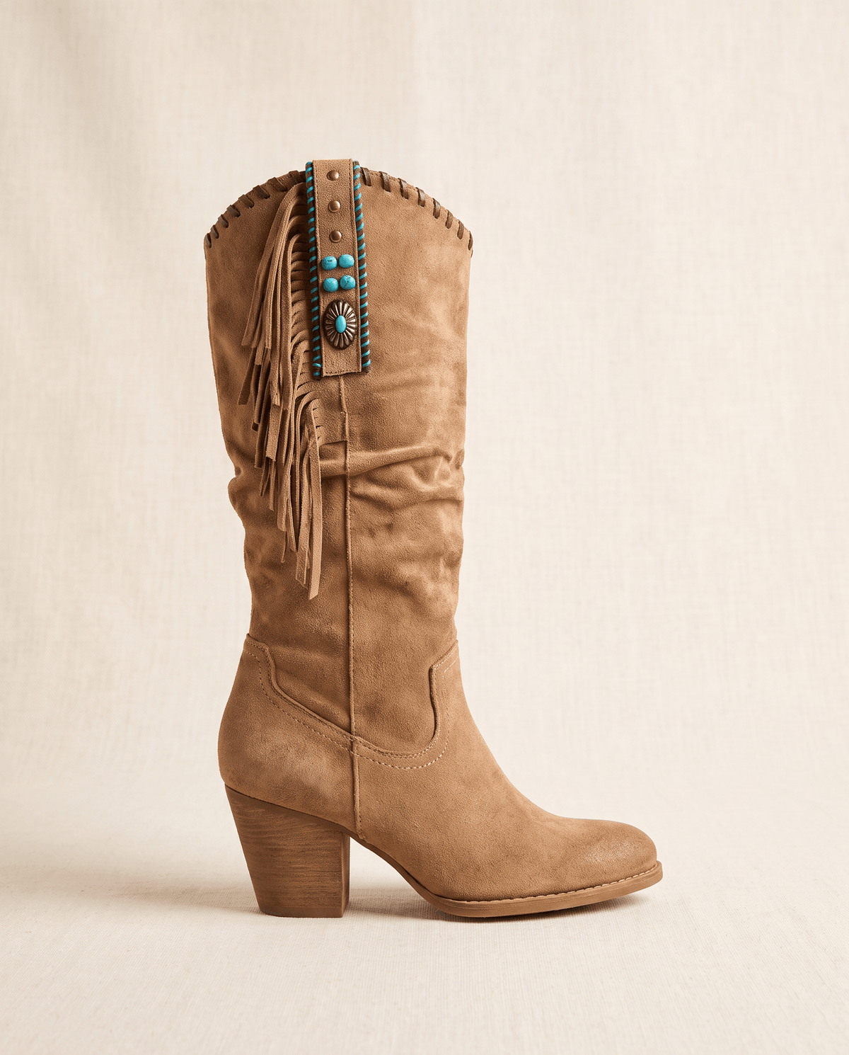 Fringe Cowboy Boots – Slouchy Mid-Calf, Suede-Look, Concho Strap & Stacked Heel | Annie