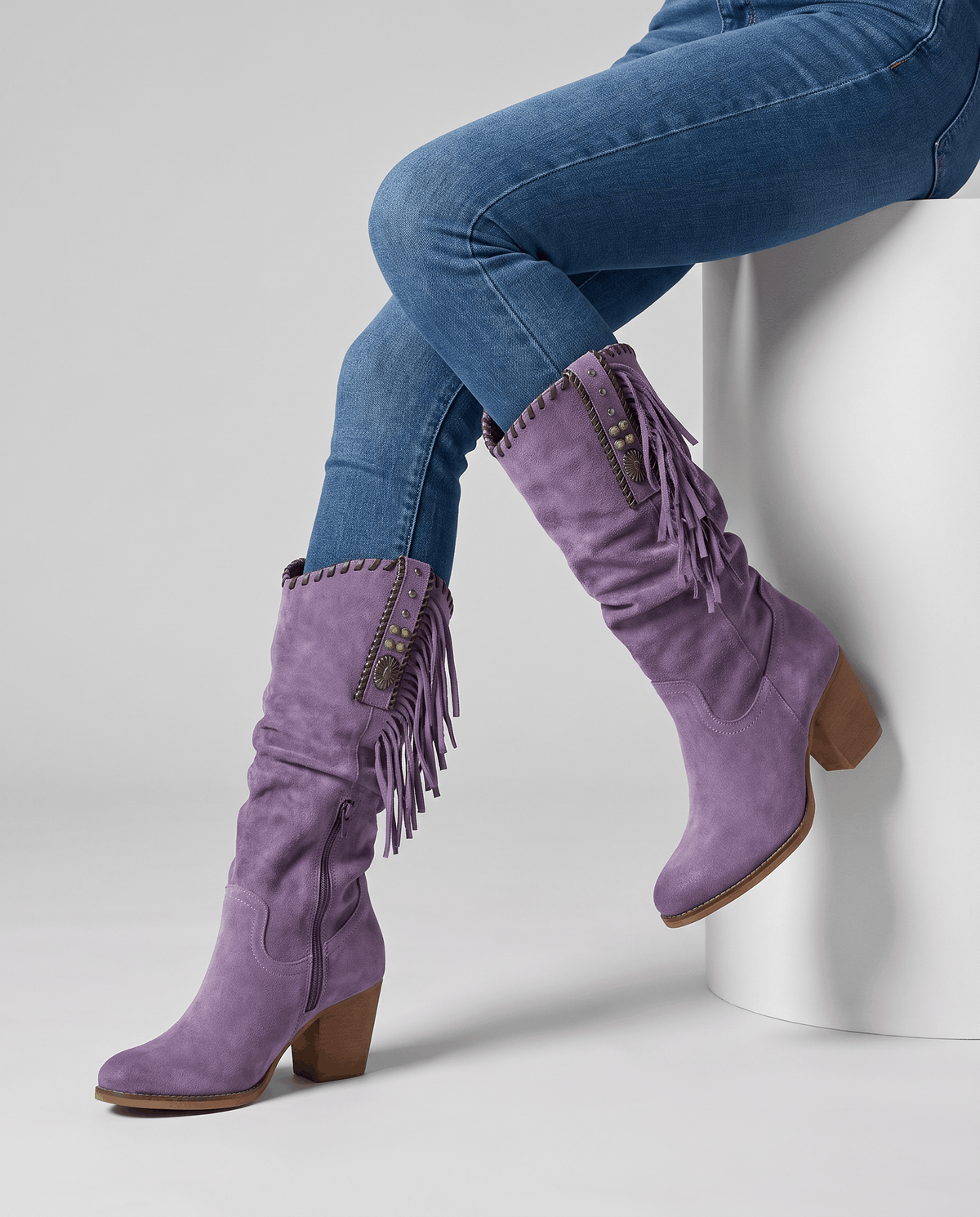 Fringe Cowboy Boots – Slouchy Mid-Calf, Suede-Look, Concho Strap & Stacked Heel | Annie
