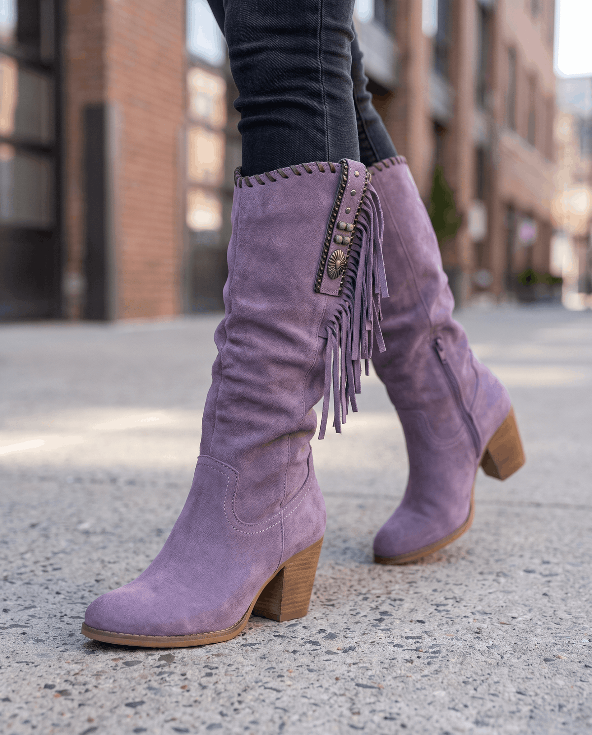 Fringe Cowboy Boots – Slouchy Mid-Calf, Suede-Look, Concho Strap & Stacked Heel | Annie