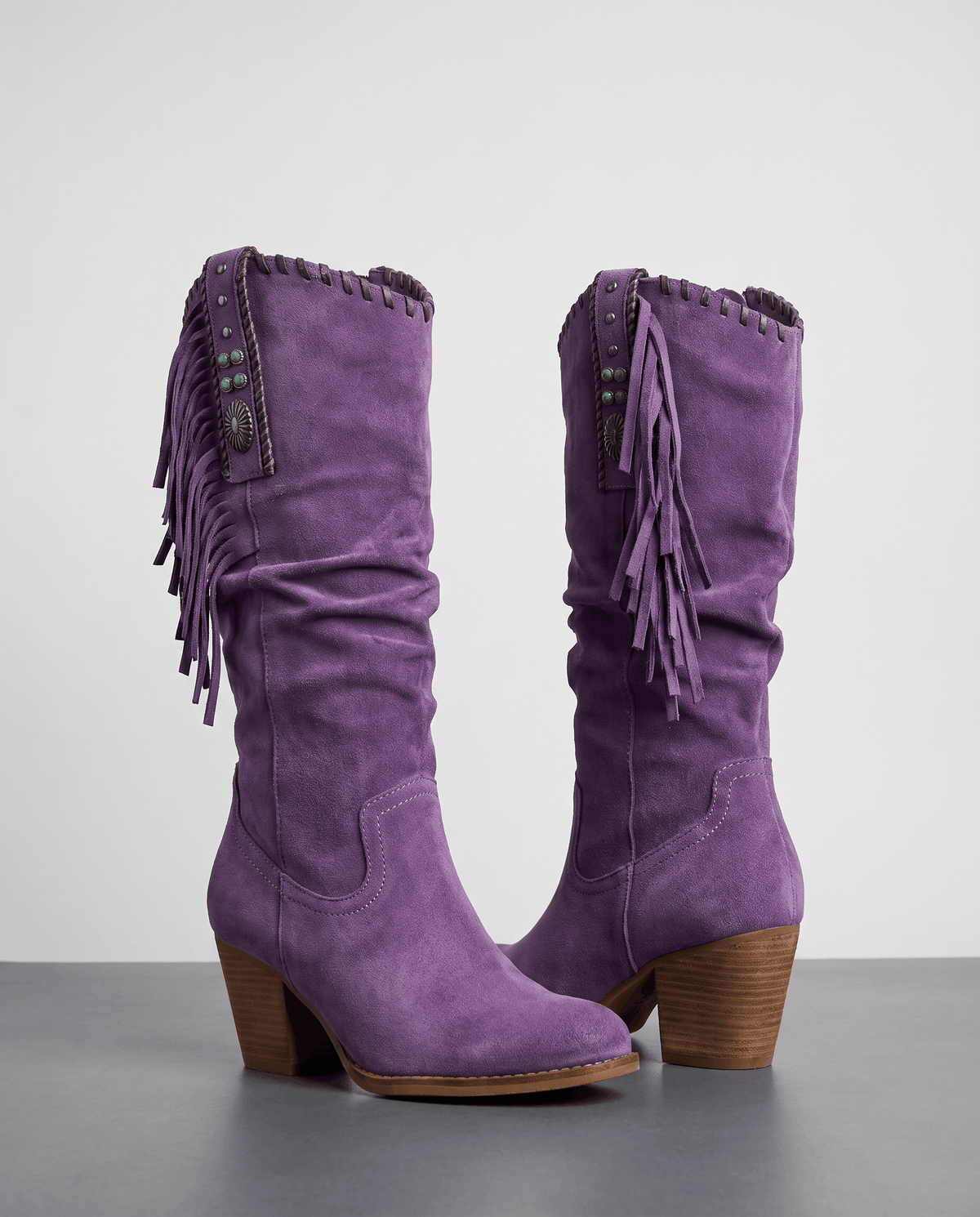 Fringe Cowboy Boots – Slouchy Mid-Calf, Suede-Look, Concho Strap & Stacked Heel | Annie