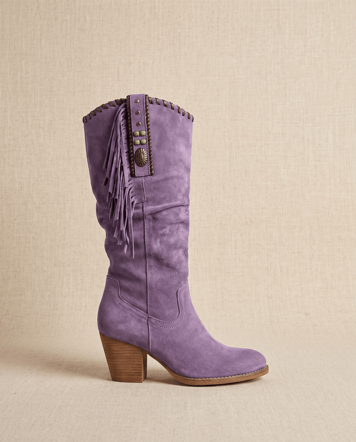 Fringe Cowboy Boots – Slouchy Mid-Calf, Suede-Look, Concho Strap & Stacked Heel | Annie