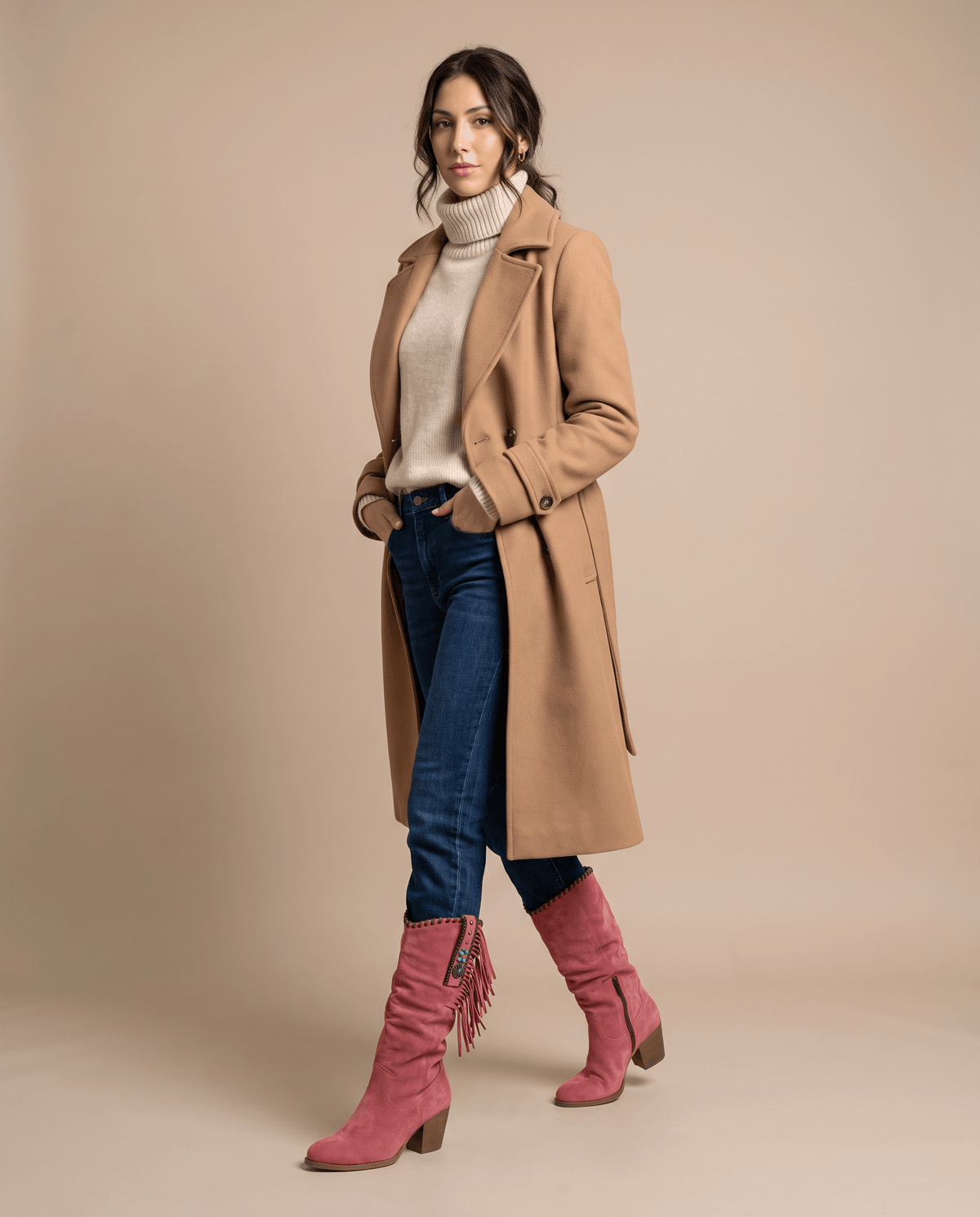 Fringe Cowboy Boots – Slouchy Mid-Calf, Suede-Look, Concho Strap & Stacked Heel | Annie