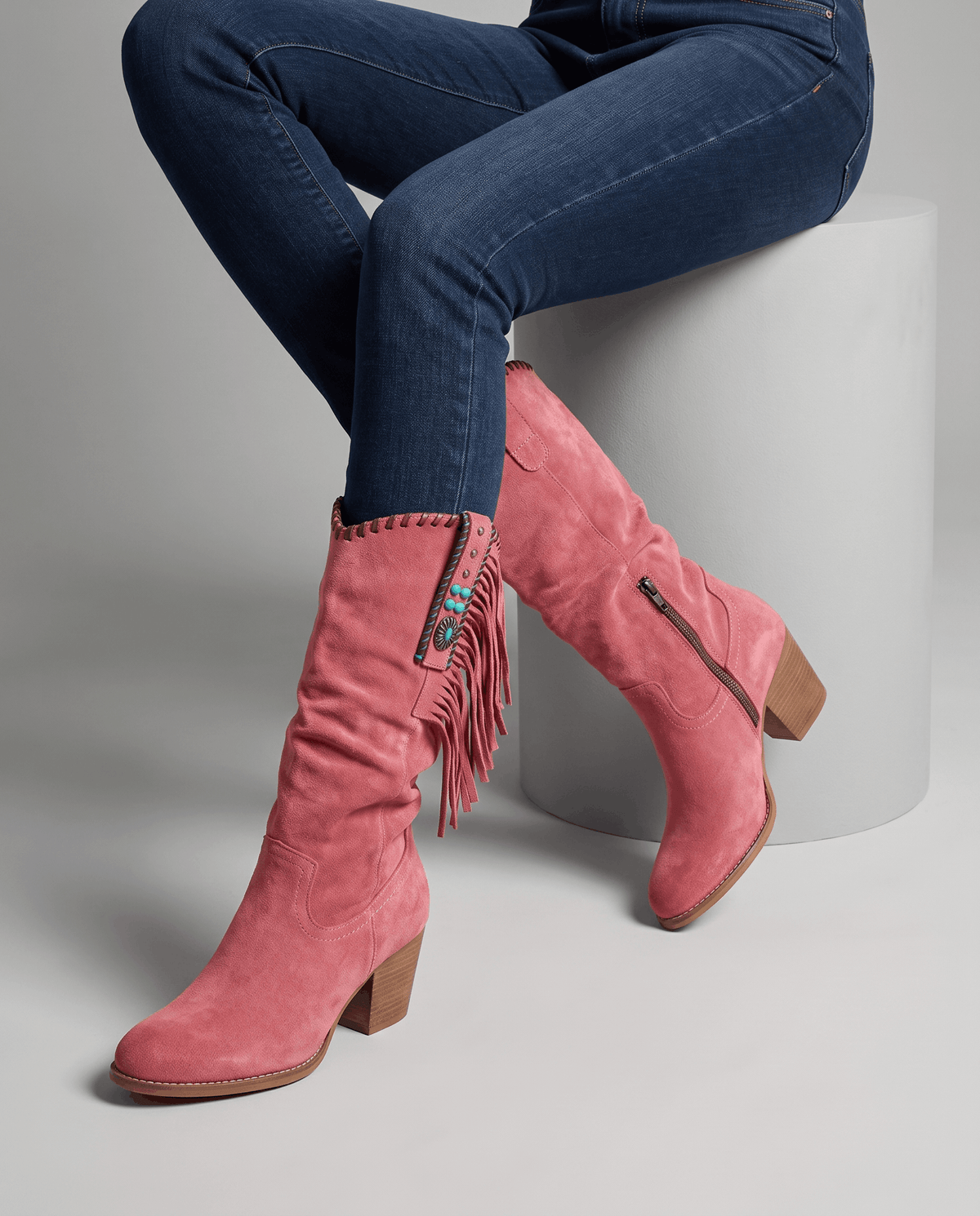 Fringe Cowboy Boots – Slouchy Mid-Calf, Suede-Look, Concho Strap & Stacked Heel | Annie