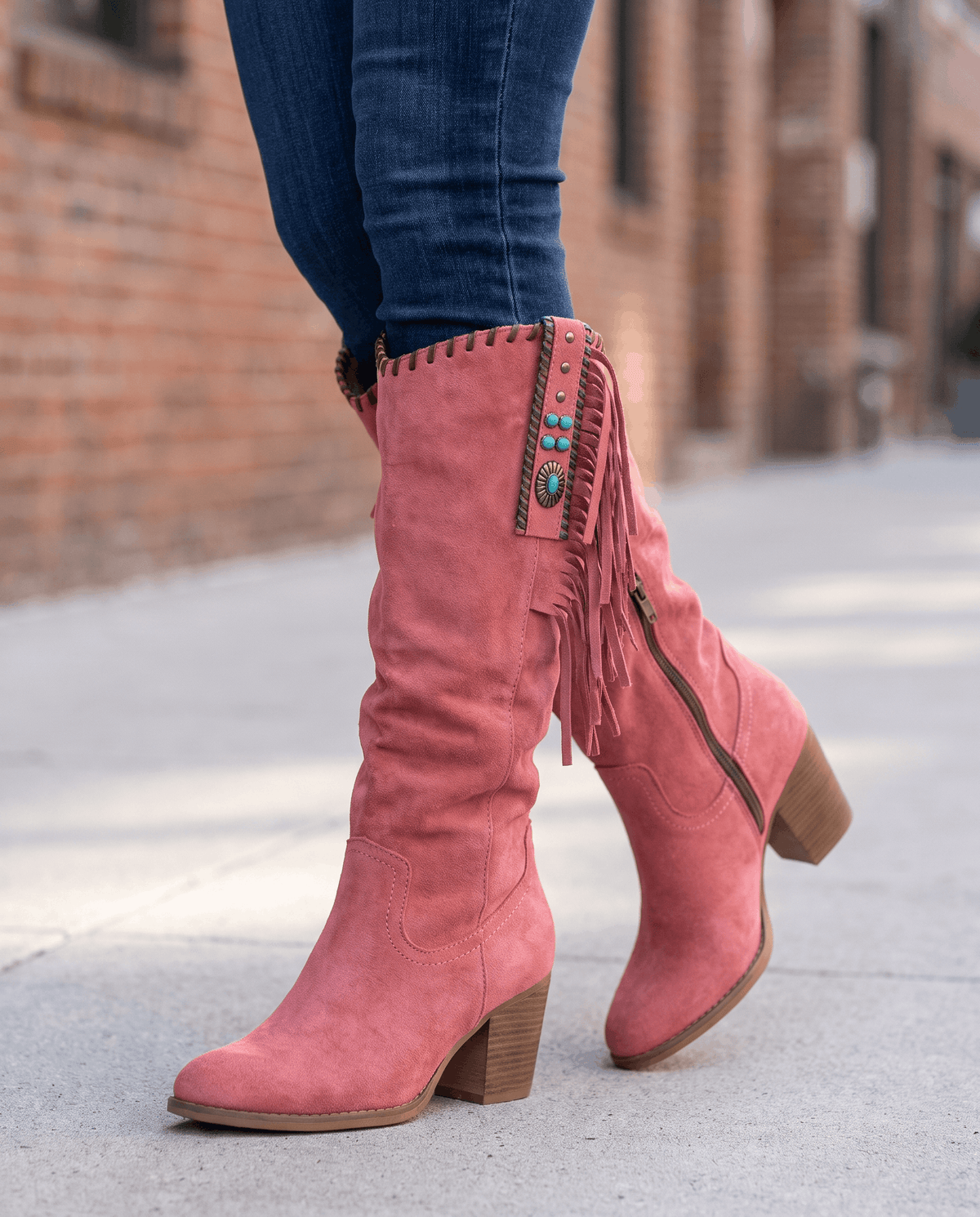 Fringe Cowboy Boots – Slouchy Mid-Calf, Suede-Look, Concho Strap & Stacked Heel | Annie