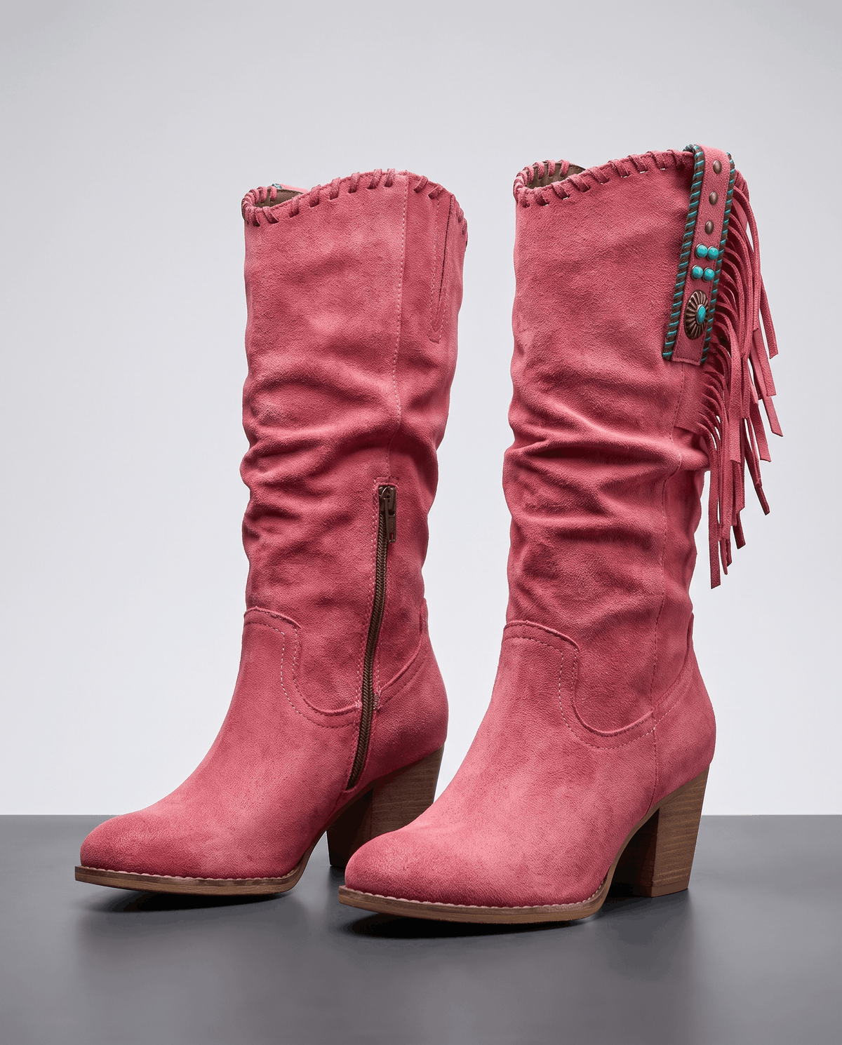 Fringe Cowboy Boots – Slouchy Mid-Calf, Suede-Look, Concho Strap & Stacked Heel | Annie