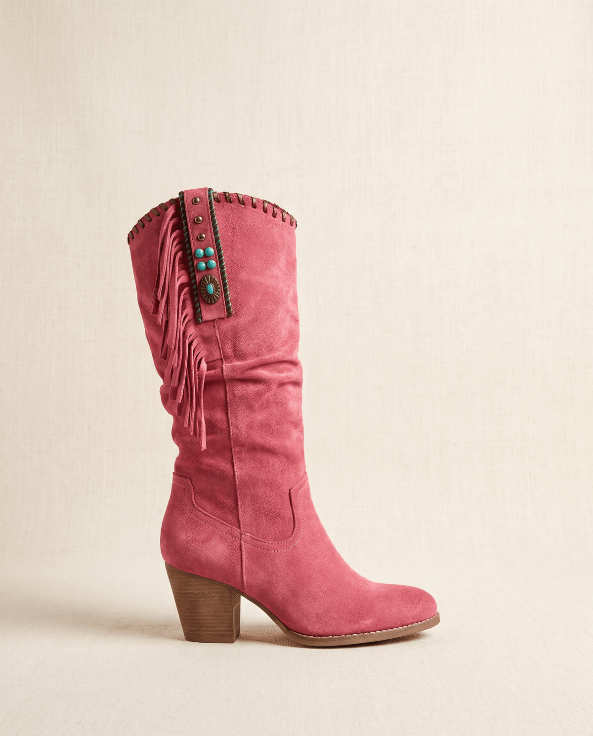 Fringe Cowboy Boots – Slouchy Mid-Calf, Suede-Look, Concho Strap & Stacked Heel | Annie