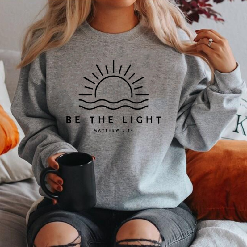 Women's Graphic Crewneck Oversized Sweatshirt with Sun Waves and Biblical Text