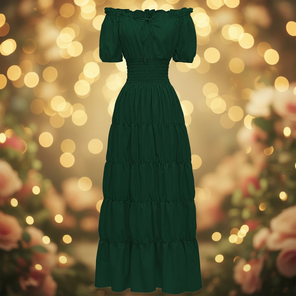 Women's Halloween Boho Maxi Dress with Off-The-Shoulder Tiered Skirt and Smocked Waist Floral