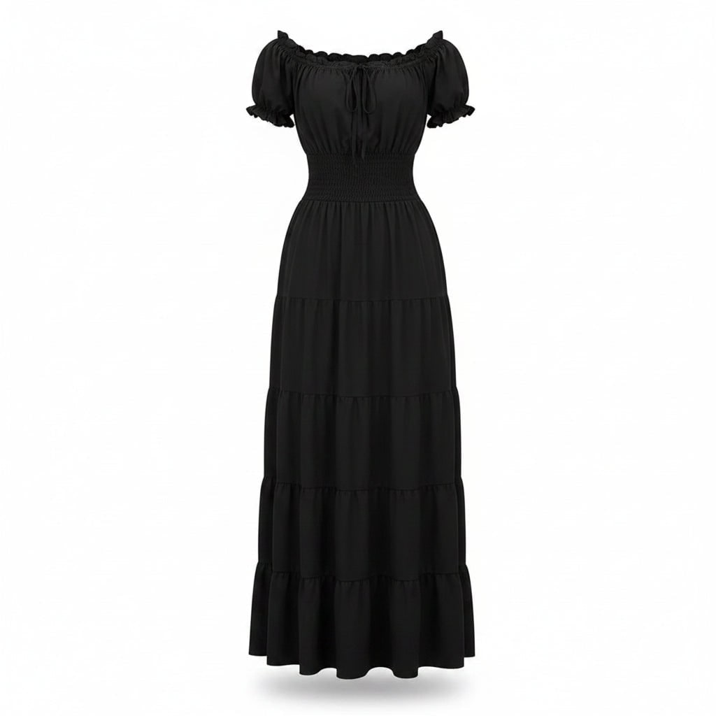 Women's Halloween Boho Maxi Dress with Off-The-Shoulder Tiered Skirt and Smocked Waist Floral