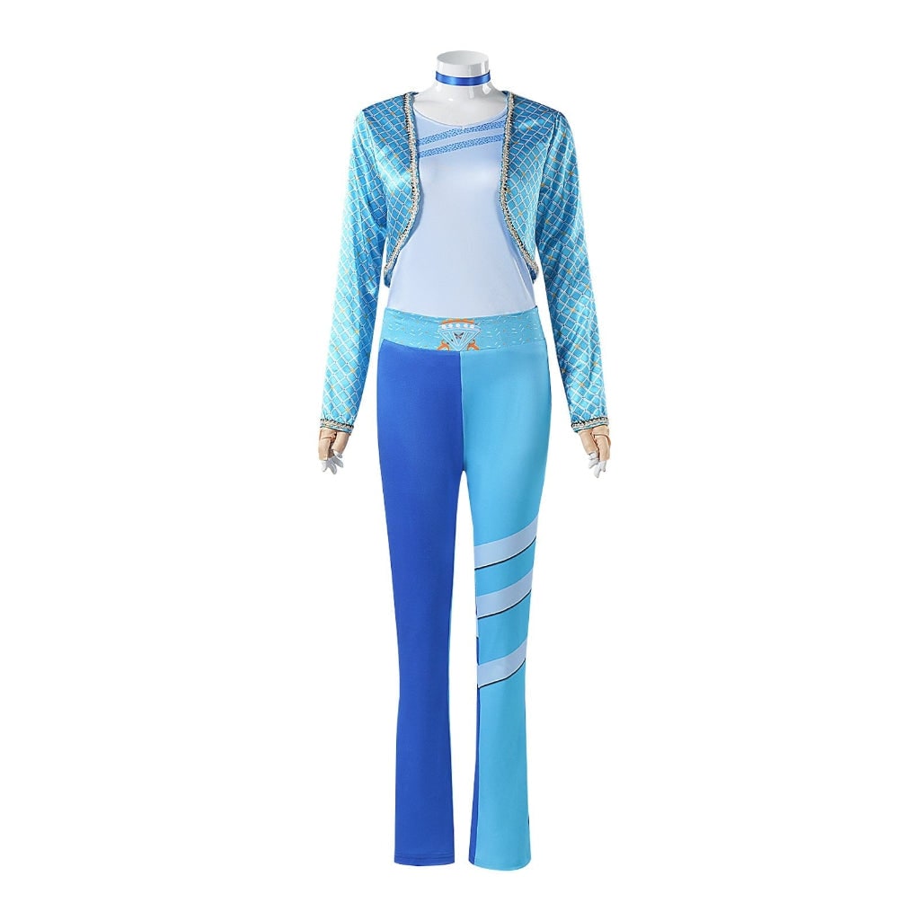 Women's Halloween Cosplay Costume with Blue Character Jacket, Pants and Choker