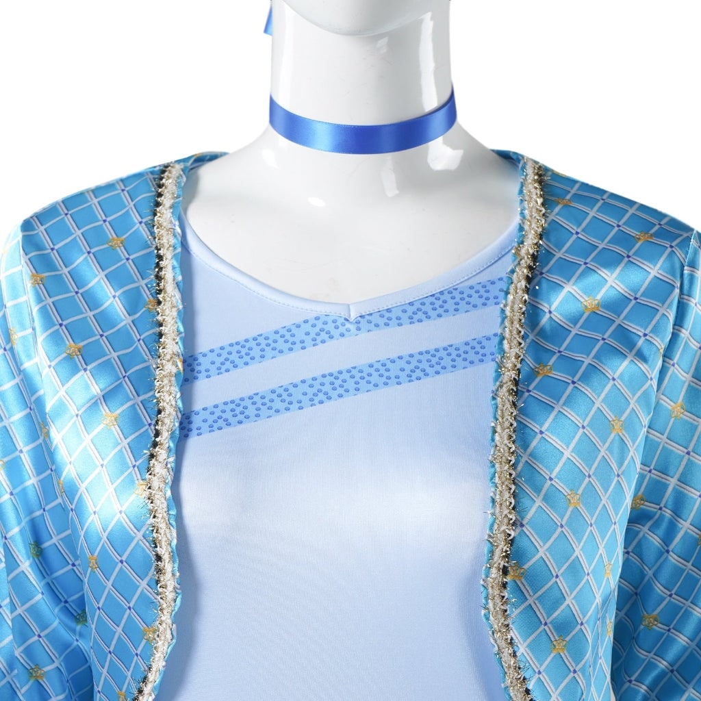 Women's Halloween Cosplay Costume with Blue Character Jacket, Pants and Choker