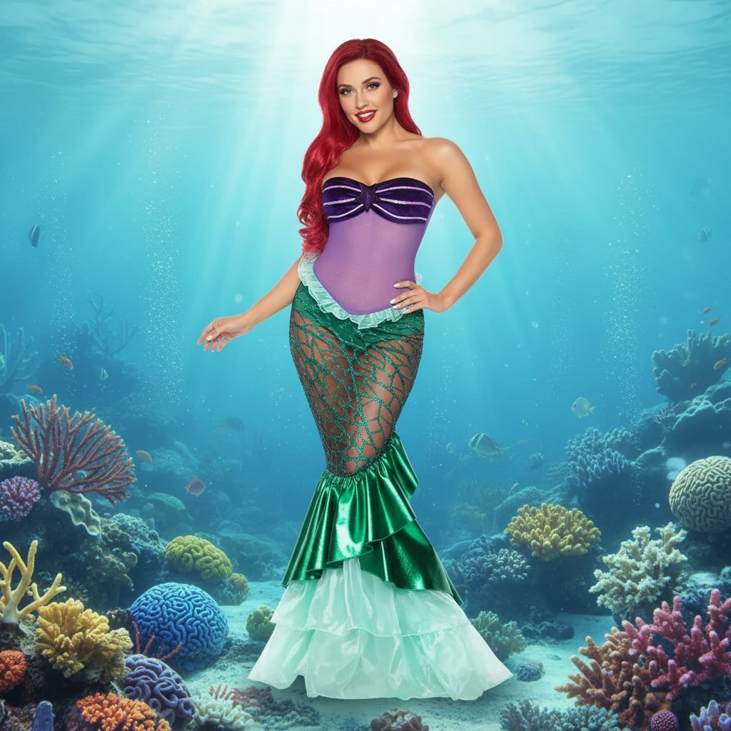 Women's Halloween Mermaid Costume Dress with Sequin Skirt and Strapless Sweetheart Neckline