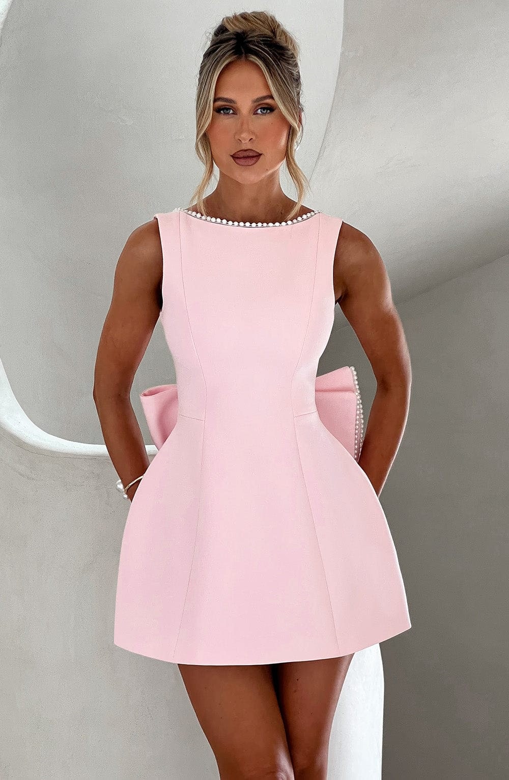 Women's Homecoming Bow Mini Dress with Boat Neck Wedding Guest Sleeveless Structured Back