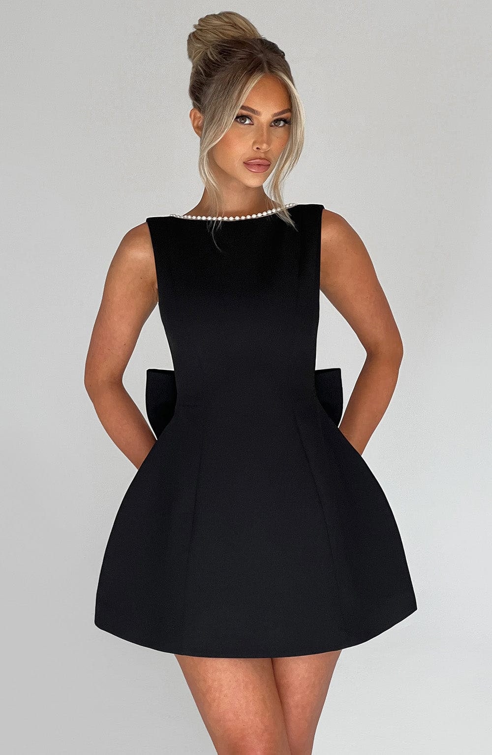 Women's Homecoming Bow Mini Dress with Boat Neck Wedding Guest Sleeveless Structured Back