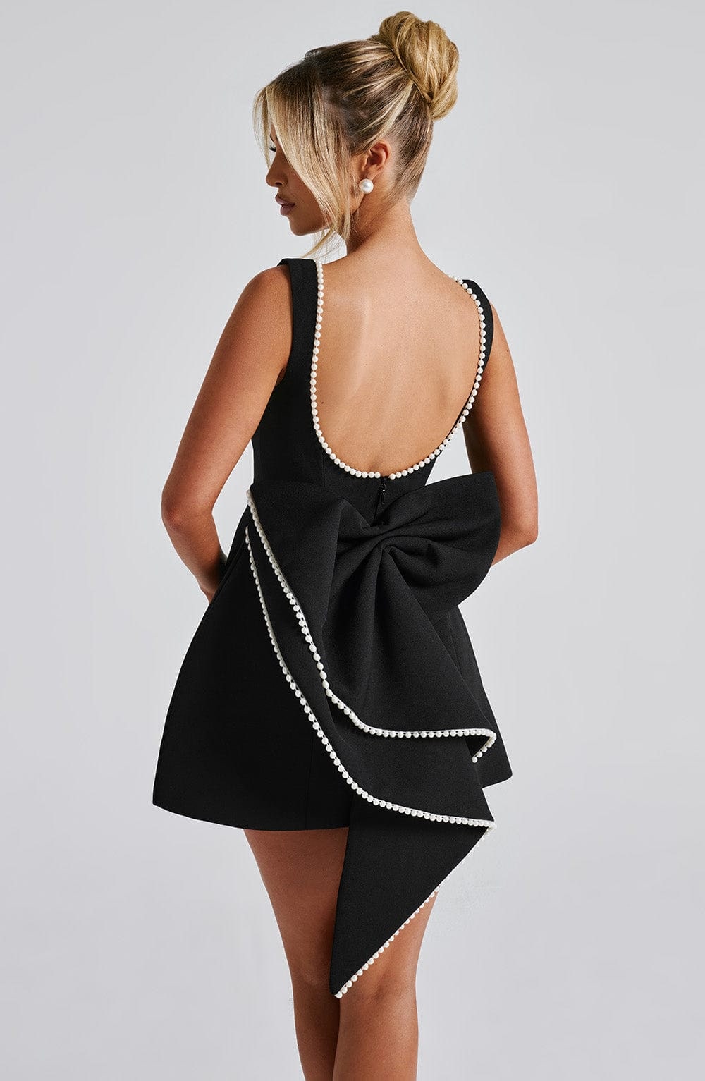 Women's Homecoming Bow Mini Dress with Boat Neck Wedding Guest Sleeveless Structured Back