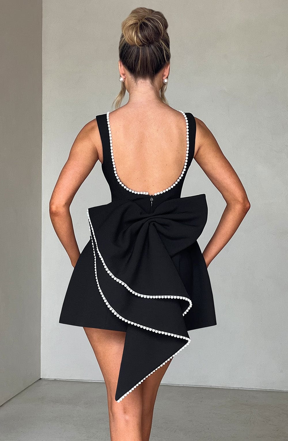 Women's Homecoming Bow Mini Dress with Boat Neck Wedding Guest Sleeveless Structured Back