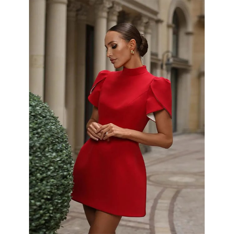 Women's Homecoming Dress a Line Mini Skirt Puff Sleeve with High Neck Open Back Bow