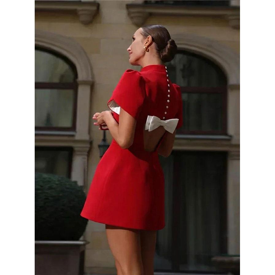 Women's Homecoming Dress a Line Mini Skirt Puff Sleeve with High Neck Open Back Bow