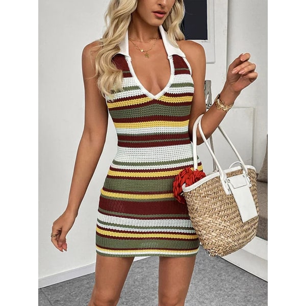 Women's Homecoming Halter Mini Dress Knit with Collared V-Neckline and Stripes