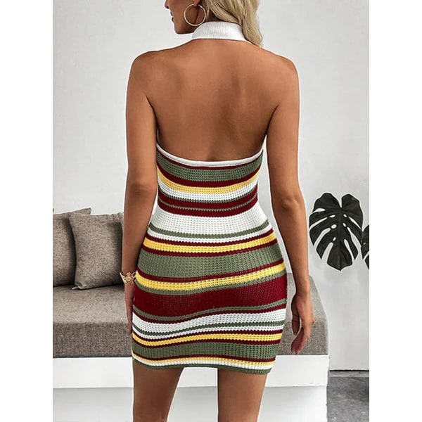 Women's Homecoming Halter Mini Dress Knit with Collared V-Neckline and Stripes