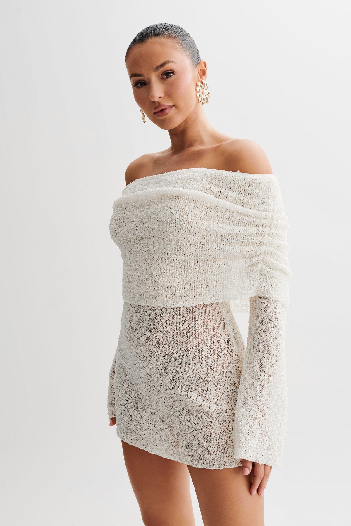 Women's Homecoming Knit Mini Dress with Off Shoulder Long Sleeves and Bell Cuffs