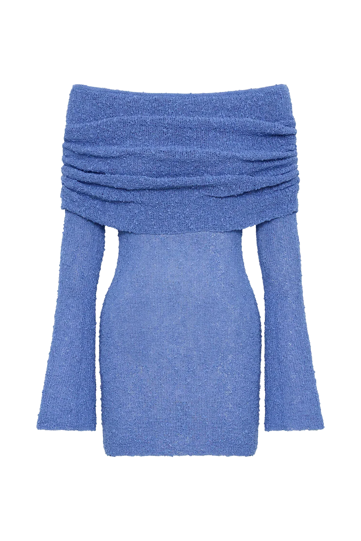 Women's Homecoming Knit Mini Dress with Off Shoulder Long Sleeves and Bell Cuffs