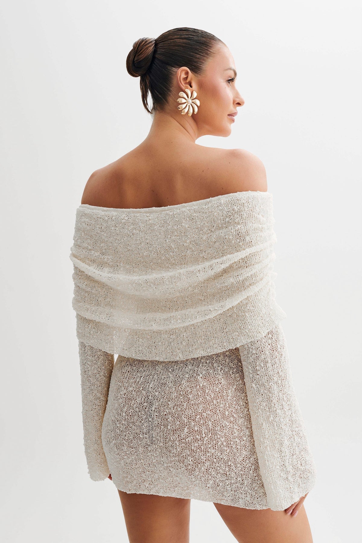Women's Homecoming Knit Mini Dress with Off Shoulder Long Sleeves and Bell Cuffs