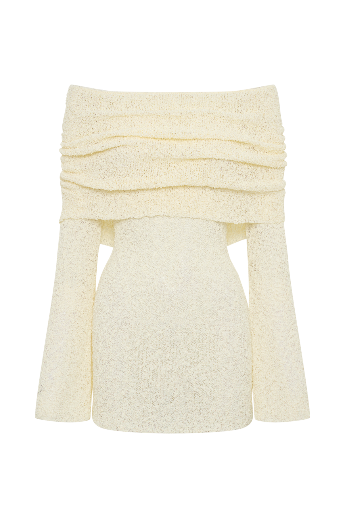 Women's Homecoming Knit Mini Dress with Off Shoulder Long Sleeves and Bell Cuffs