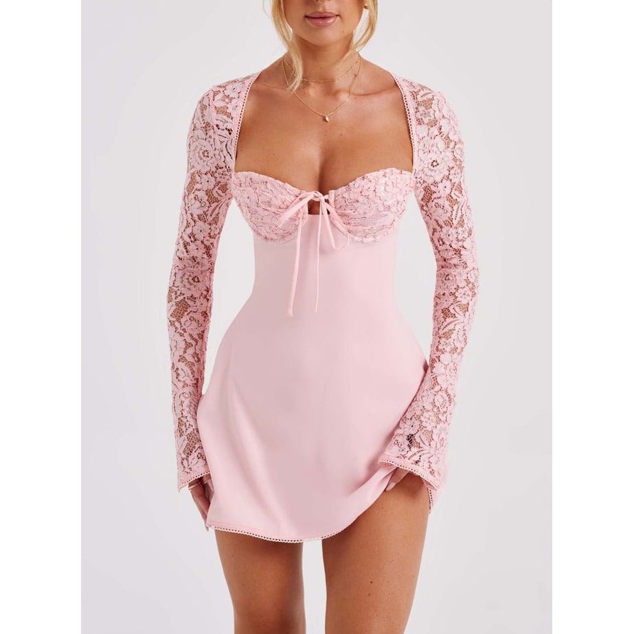 Women's Homecoming Long Sleeve Mini Dress with Lace and Corset Back