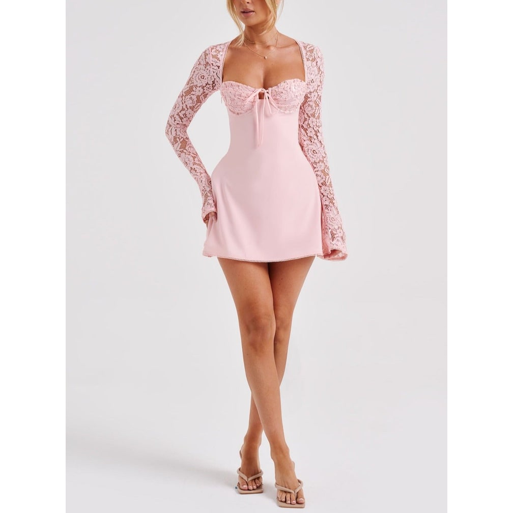Women's Homecoming Long Sleeve Mini Dress with Lace and Corset Back