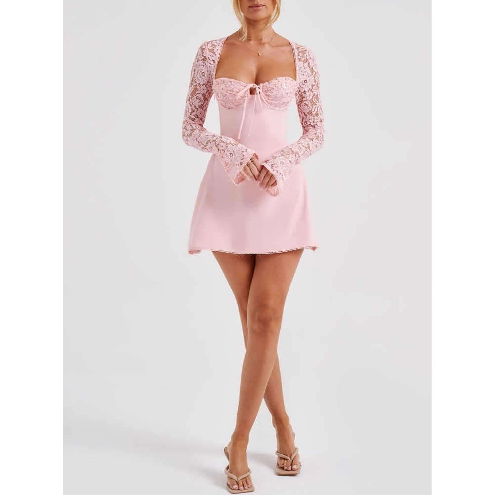 Women's Homecoming Long Sleeve Mini Dress with Lace and Corset Back