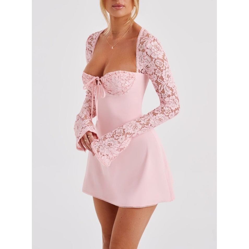Women's Homecoming Long Sleeve Mini Dress with Lace and Corset Back