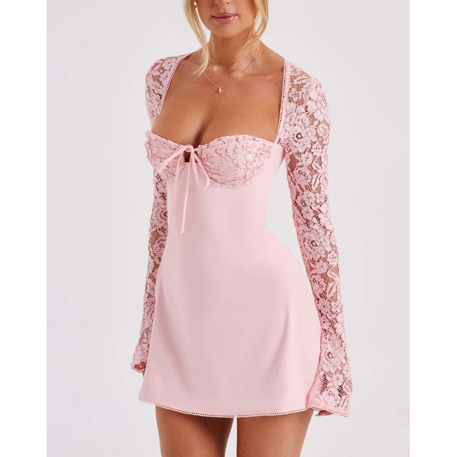 Women's Homecoming Long Sleeve Mini Dress with Lace and Corset Back